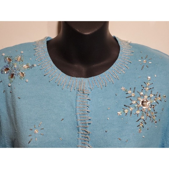 Berek by Takako Sakon XL Button Down Light Blue Sequins Beaded Cardigan Sweater - Picture 4 of 13
